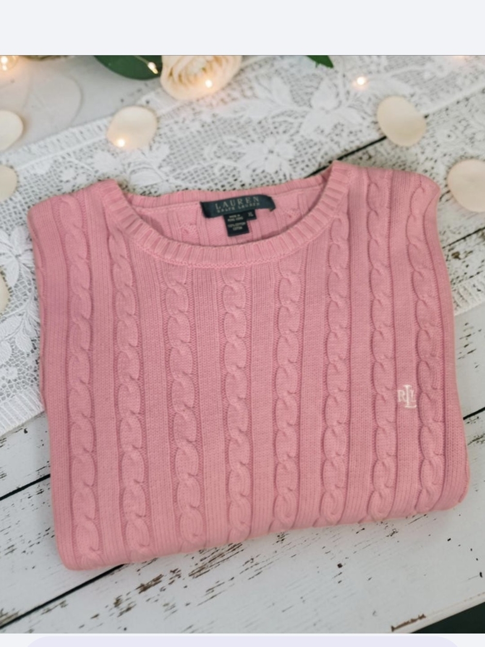 Ralph Lauren Women's Soft Pink Cable-Knit Crewneck Sweater Size-XL